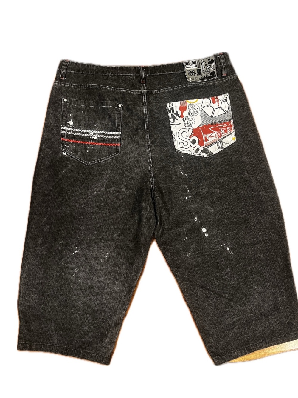 Vintage Southpole Baggy Black Denim Jorts Contrast Graffiti Patchwork Y2K Sz 52